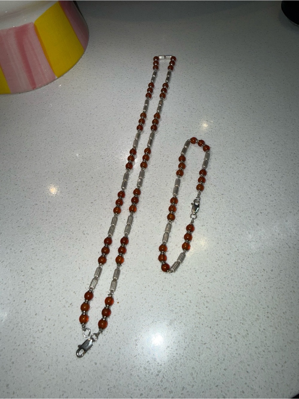 Sterling Silver 925 and Orange Bead Necklace and Bracelet Set